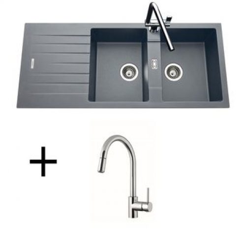 Lot évier granit gris 2 bacs ALBEY + Mitigeur CRBMD014