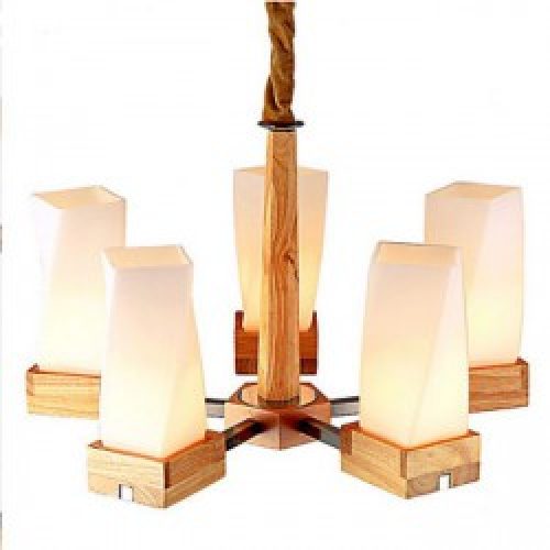 Lustre en Bois à 5 lumières en Verre Beige