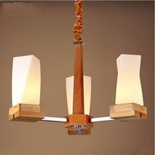 Lustre en Bois Bambou à 3 lumières en Verre Beige