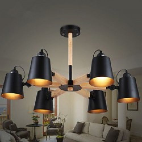 Lustre en Métal décoré en Bois à 6 lumières ajustables