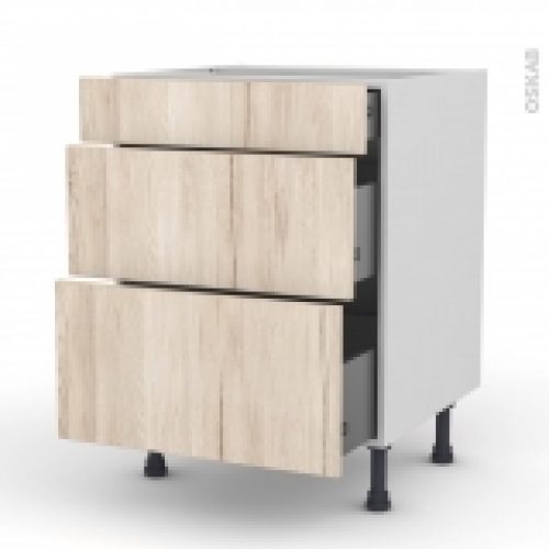 Meuble De Cuisine Casserolier Ikoro Chene Clair 3 Tiroirs L60 X H70 X P58 Cm