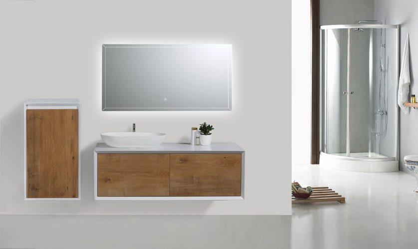 Meuble de salle de bain Fiona 1200 – façade effet béton ou chêne – miroir et colonne de rangement en option