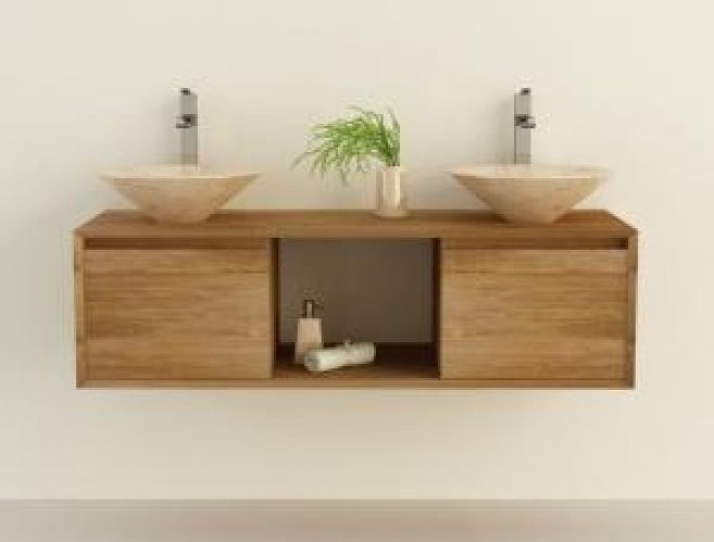 Meuble de salle de bain teck à suspendre Aprila L140 cm  -2 PORTES PLEINES