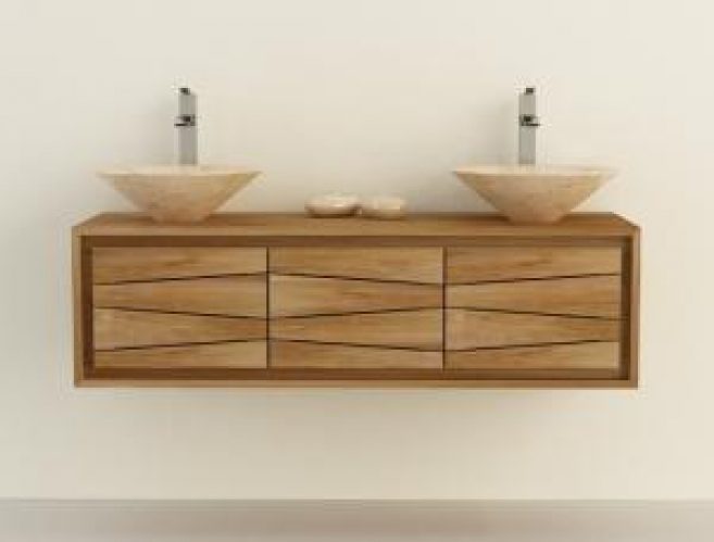 Meuble de salle de bain teck à suspendre Aquila L130 cm – 3 portes SENTANI