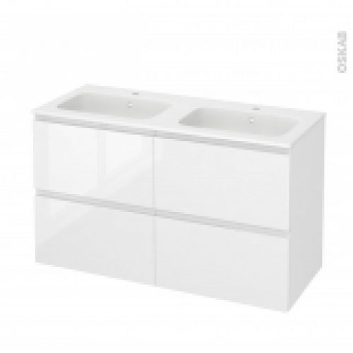 Meuble De Salle De Bains Plan Double Vasque Rezo Ipoma Blanc Brillant 4 Tiroirs Cotes Decors L1205 X H715 X P505 Cm