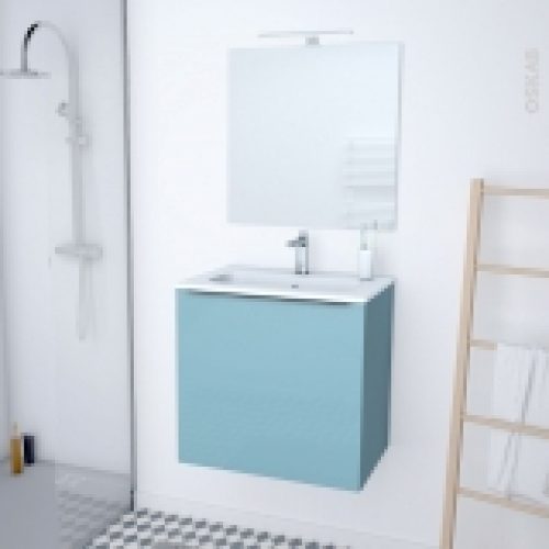 Meuble De Salle De Bains Plan Vasque Rezo Keria Bleu 1 Porte Cotes Decors L605 X H585 X P405 Cm