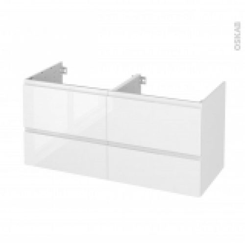 Meuble De Salle De Bains Sous Vasque Double Ipoma Blanc Brillant 4 Tiroirs Cotes Decors L120 X H57 X P50 Cm