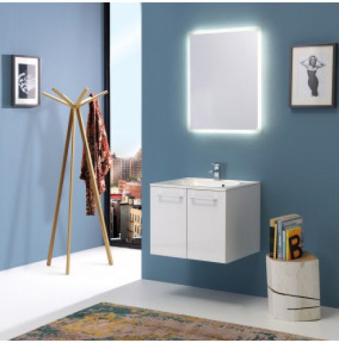 MEUBLE SALLE DE BAINS DE 60 CM AVEC PAROIS BOSTON EN BLANC LUCIDE MIROIR RÉTROÉCLAIRÉ