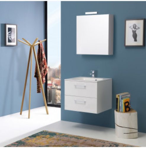 MEUBLE SALLE DE BAINS DE 60 CM AVEC TIROIRS BOSTON EN BLANC LUCIDE MIROIR CONTENEUR