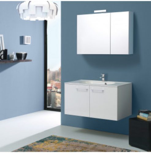 MEUBLE SALLE DE BAINS DE 90 CM AVEC PAROIS BOSTON EN BLANC LUCIDE MIROIR CONTENEUR