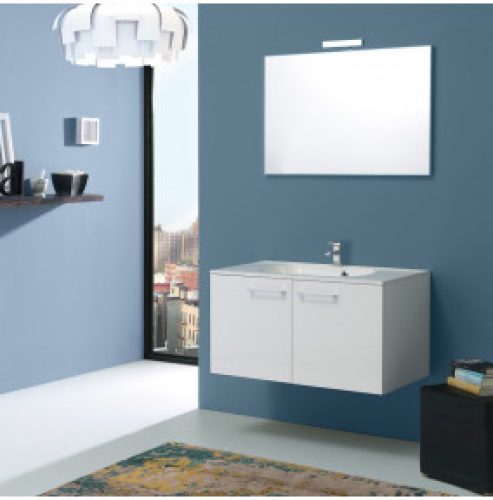 MEUBLE SALLE DE BAINS DE 90 CM AVEC PAROIS BOSTON EN BLANC LUCIDE