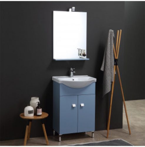 MEUBLE VASQUE SUR PIEDS 56 CM BLEU COMPLET DE MIROIR-APPLIQUE