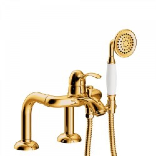 Mitigeur bain d’étagère Douchette à main anticalcaire. Flexible double agrafage – TRES 24219401OR