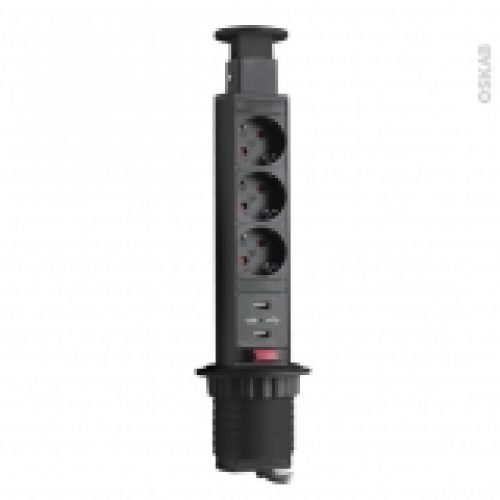 Multiprise Cuisine Bloc 3 Prises 2 Usb Extractible Noir