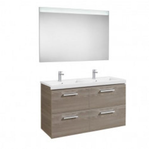 Pack Unik PRISMA 1200 – Meuble 4 tiroirs, lavabo double et miroir à LED