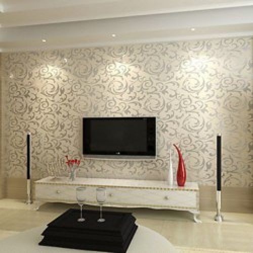 Papier peint contemporain intissé pour revêtement mural avec motif en feuilles d’arbre damassées