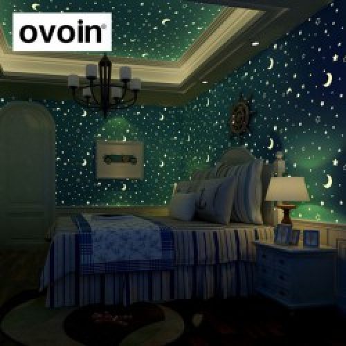 Papier Peint Fluorescent à motif Étoiles Et Lune Lumineux avec Lueur Nocturne à Effet Ciel Pour La Chambre des Enfants