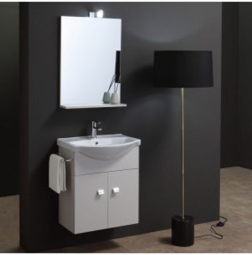 PETIT MEUBLE-LAVABO 58 CM GRIS PERLE + MIROIR ET LAMPE PETITS ESPACES