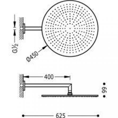 Pomme haute de douche ronde Ø45 avec bras rond…