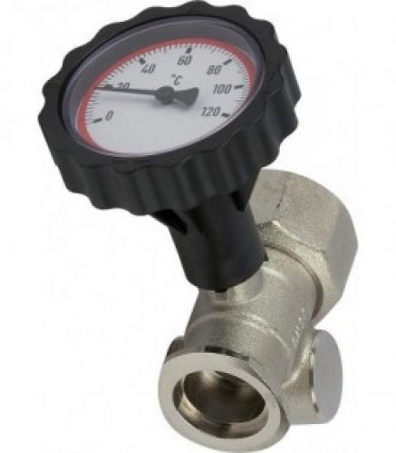 Robinet a boi.sph brid. Pomp. 3 voies arrivee, avec poignee thermometre rouge nickele sans frein