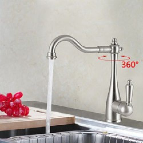 Robinet de cuisine rotatif avec bec incurvé, muni d’une poignée et fini en nickel brossé