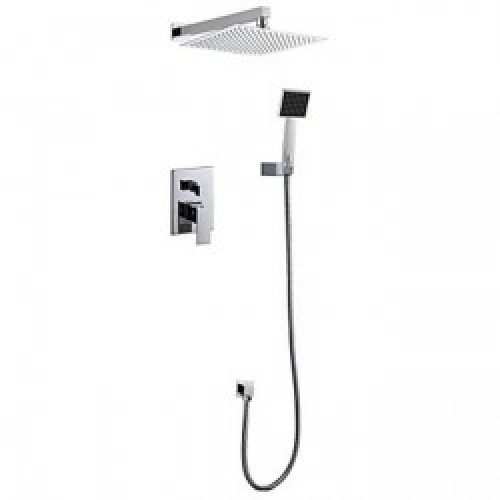 Robinet de douche en laiton contemporain finition chrome tête carré montage murale+douchette