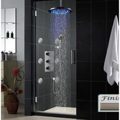 Robinet de douche thermostatique avec douchette de pluie ronde à LED, pommeau de douche et jets d’eau massant