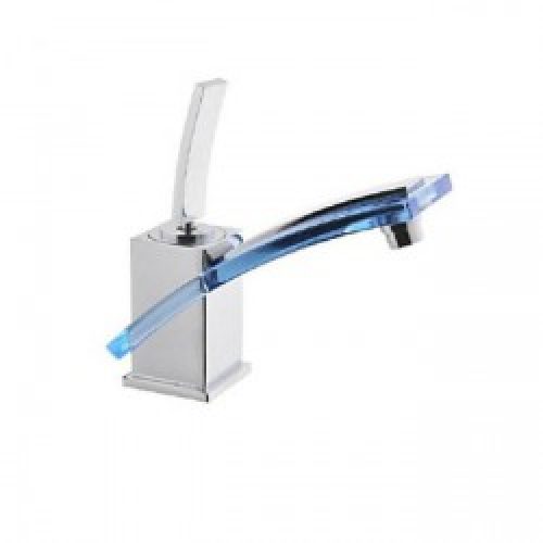 Robinet de lavabo avec bec en verre de couleur bleu et finition en chrome