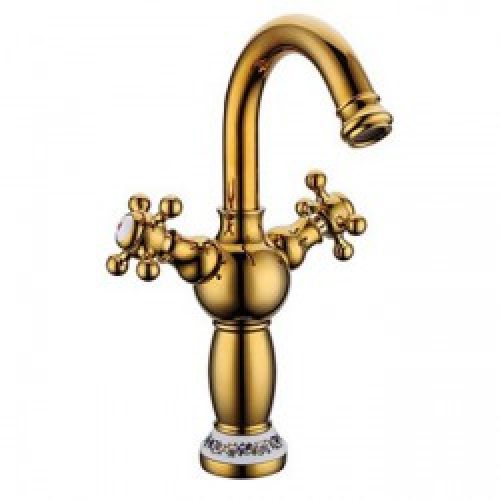 Robinet de lavabo avec mélangeur intégré, robinet dorée fini en laiton à deux poignées