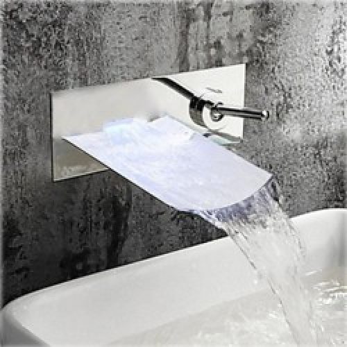 Robinet de lavabo à bec large effet cascade, style contemporain avec finition d&rsquo;ensemble en chrome (montage murale)