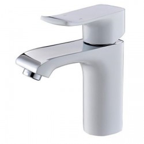 Robinet de lavabo blanc design contemporain et muni d’un mitigeur (poignée unique)