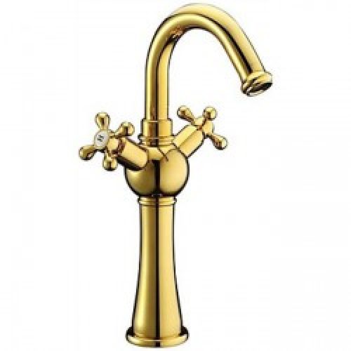 Robinet de lavabo doré muni de deux poignées, de style simple et contemporain