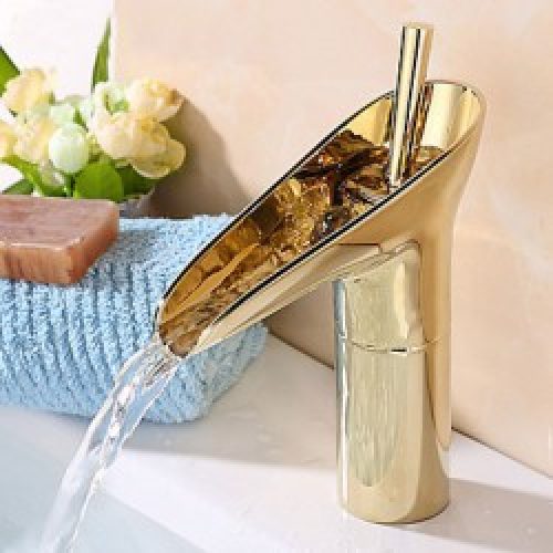 Robinet de lavabo dorée style antique avec bec verseur cascade, finition en laiton (Ti-PVD)