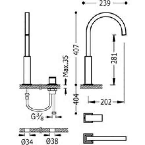 Robinet de lavabo en batterie acier TRES CUADRO XL
