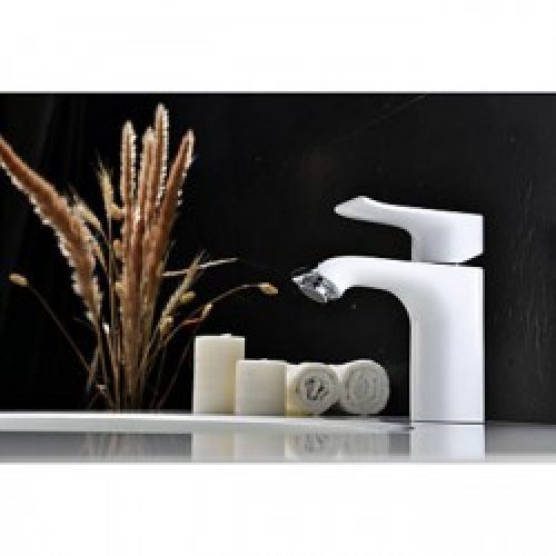 Robinet de lavabo peint en blanc et muni de poignée unique, style contemporain et finition chromé