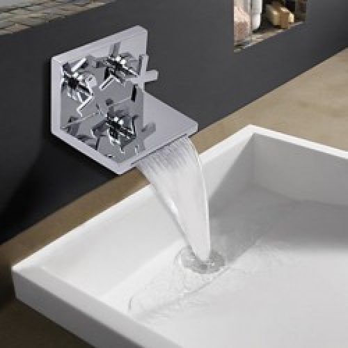 Robinet d&rsquo;évier cascade à deux poignées, style moderne en forme d&rsquo;étagère finition en chrome