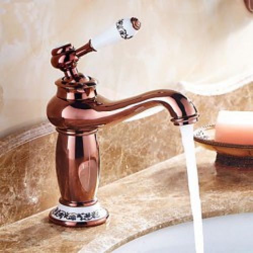 Robinet d&rsquo;évier de couleur rose dorée avec unique poignée en céramique, finition chromé