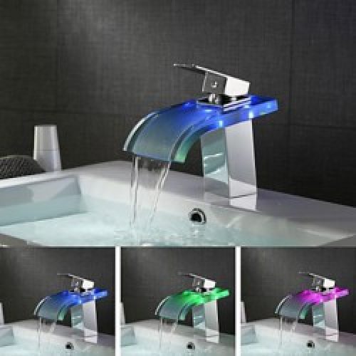 Robinet d&rsquo;évier LED avec bec en verre incurvé, finition chromée