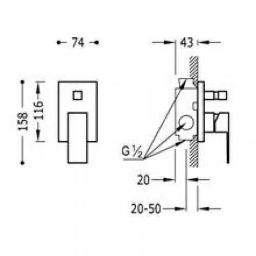 Robinet encastré de 2 voies CUADRO-TRES