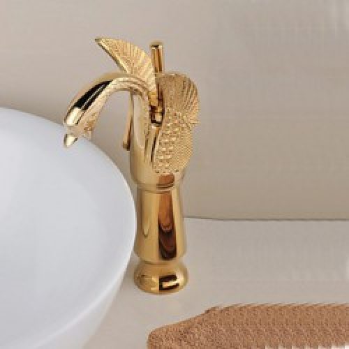 Robinet lavabo mitigeur de couleur rose or, design inspiré de cygne et fini en laiton