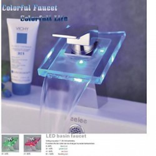 Robinet salle de bain cascade avec mitigeur d&rsquo;eau chaude et froide, Robinet avec bec verseur LED en verre et finition en chrome