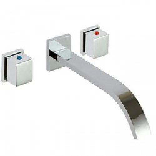 Robinet salle de bain à fixation murale muni de deux poignées, finition chromée pour un style contemporain