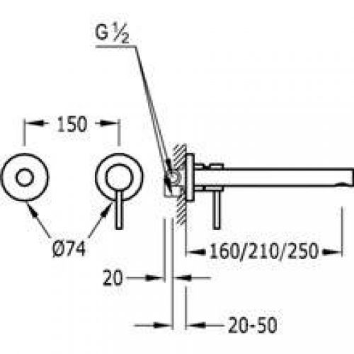 Robinetterie murale 2 centres 25 cm MAX-TRES