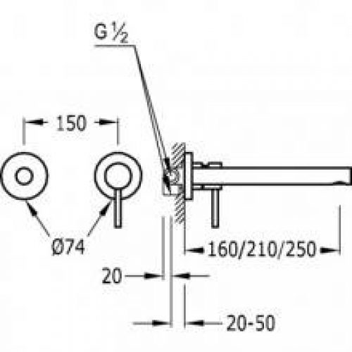 Robinetterie murale de 2 centres 25 cm TRES MAX