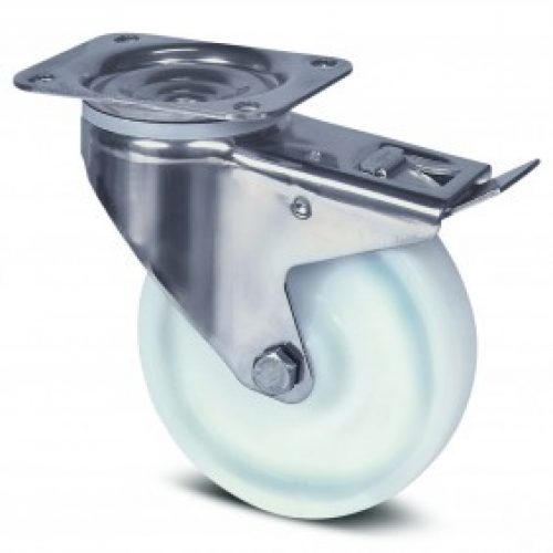 Roulette pivotante inox – blocage – roue polyamide – à platine – Alpha