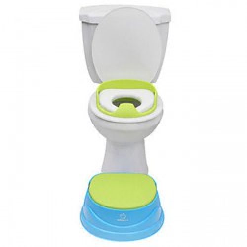 Siège et cuvette de toilettes pour enfants en plastique bleu et vert avec tapis et brosse