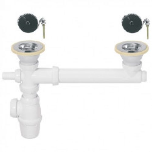 Siphon réglable et bondes à bouchon Ø60 pour évier 2 bacs – Wirquin Pro 30720440
