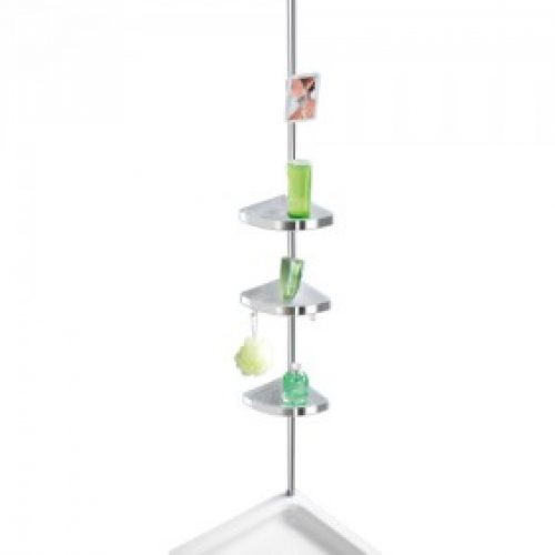 Étagère de douche télescopique angle 3 tablettes 2 crochets et miroir