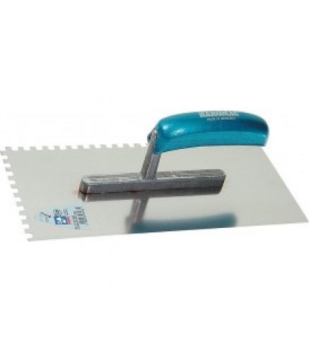 Truelle a lisser 10×10 dentee 280 mm inoxydable manche bleu