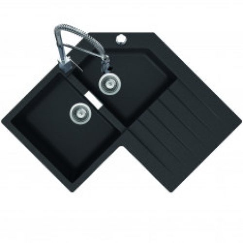 Évier de cuisine d’angle Cristalite PRIMUS – L 840 x l 840 x P 195 mm – sous-meuble de 90 cm – Nero